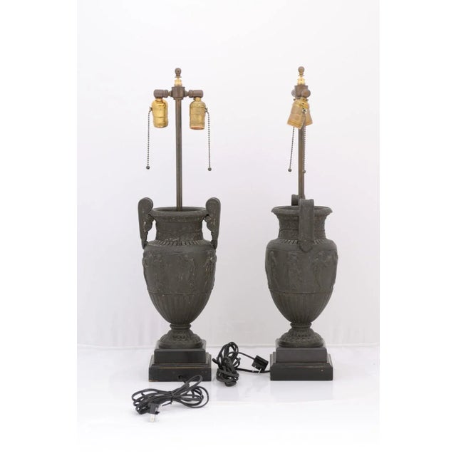 Onyx Pair of 1940s French Etruscan Cast Urn Lamps For Sale - Image 8 of 12
