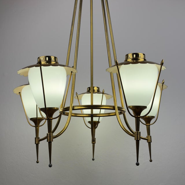 Vintage Art Deco Glass and Brass Chandelier from Maison Arlus, France 1950s For Sale - Image 6 of 18