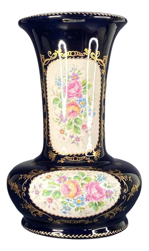 French Hand-Painted Cobalt Blue Porcelain Vase from Limoges