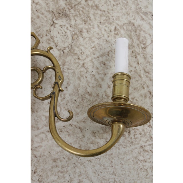 Pair Vintage Colonial Williamsburg Brass Candelabra Wall Sconces For Sale - Image 13 of 13