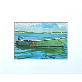 Bayman's Green Sharpie Boat Moored on a Bright Summer Day - 5x7" Painting on Paper in 8x10 White Matte For Sale