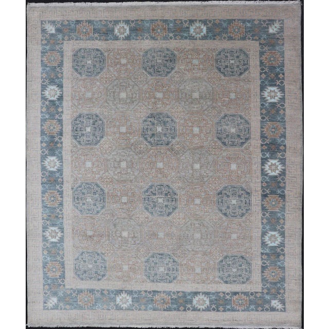 Modern Hand Knotted Khotan in Wool With All-Over Medallion Design in Blue and Earthy Tones For Sale - Image 13 of 13