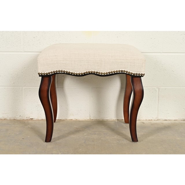 French Provincial Baker Furniture Style French Provincial Louis XV Carved Mahogany Upholstered Stool or Ottoman For Sale - Image 3 of 9