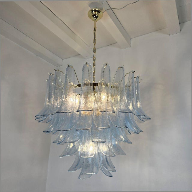 Metal 1980s Mid Century Modern Blue Murano Glass Petal Chandelier For Sale - Image 7 of 14