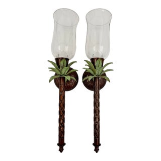 Vintage 1990s Metal Palm Tree Candle Wall Sconces With Glass Hurricane Shades - A Pair For Sale