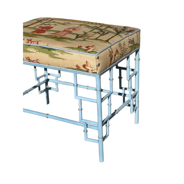 Blue Painted Faux Bamboo Bench in the Chinese Chippendale Style. Super sturdy frame and new upholstered seat cushion in...