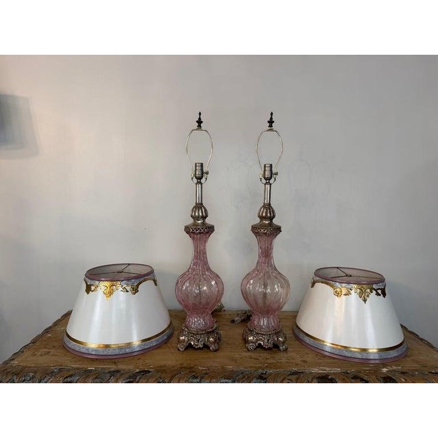 Mid-Century Modern Mid 20th Century Murano Barovier & Toso Style Pink Bullicante Glass Table Lamps - a Pair For Sale - Image 3 of 18