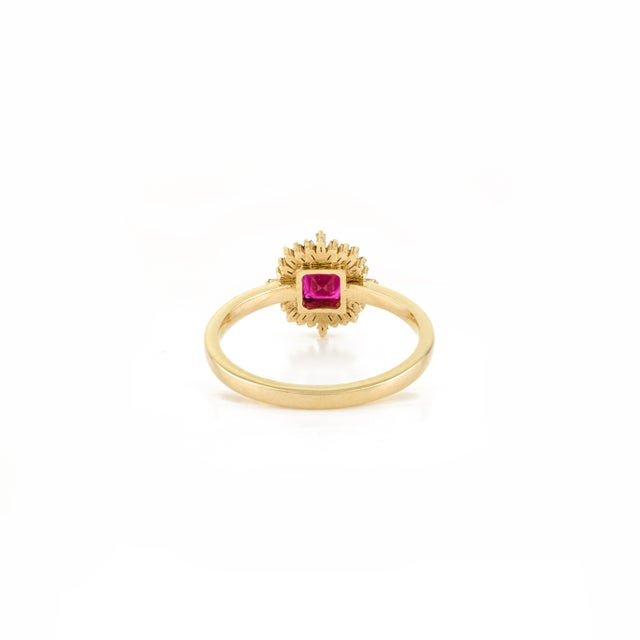 Metal 14k Gold Vintage Square Ruby & Diamond Ballerina Halo Ring Size 7 For Sale - Image 7 of 11