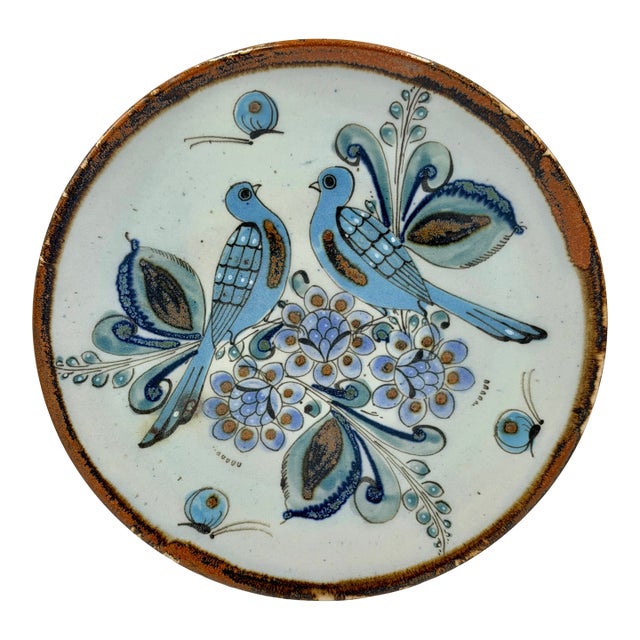 1950s Folk-Art Ken Edwards Tonala Pottery Hand Painted Bird Serving Chop Plate For Sale
