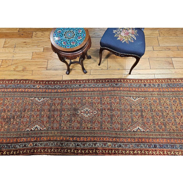 Antique Persian Serab Camel Hair Runner Rug, Hand-Knotted Wool, Geometric Pattern, Red & Green, 3x13 For Sale In Chicago - Image 6 of 17