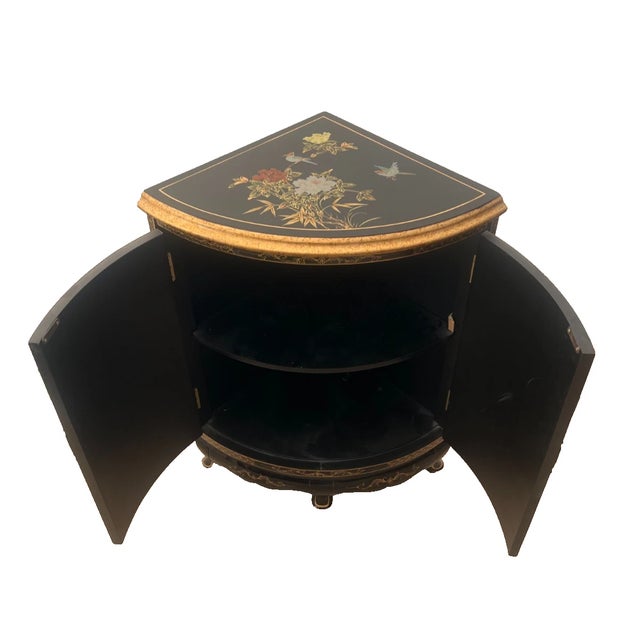 Chinoiserie Vintage Chinese Corner Cabinet Chinoiserie Mother of Pearl Applique Asian Style For Sale - Image 3 of 11