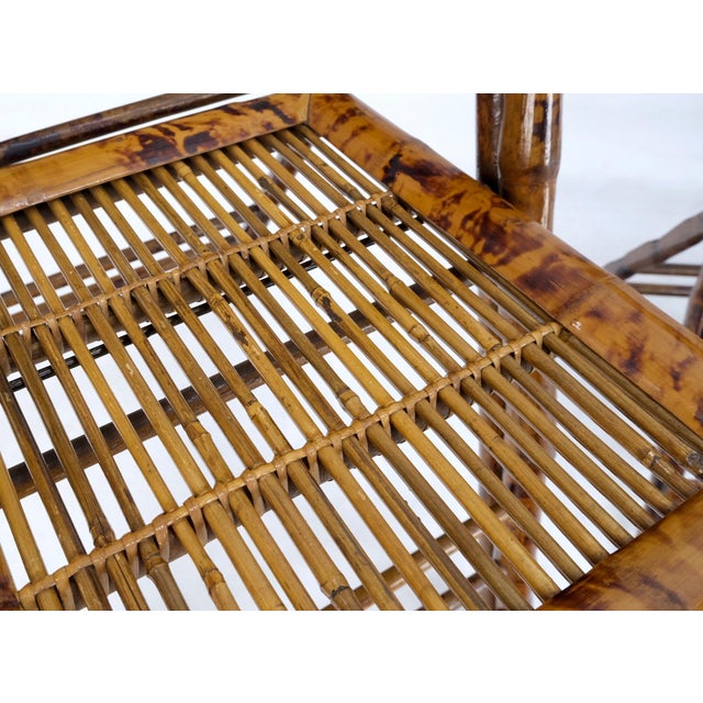 Burnt Bamboo Vintage Folding Cafe Occasional Table w/ Two Matching Chairs Set For Sale - Image 10 of 16