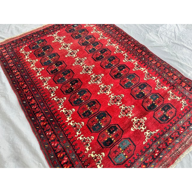 Red Turkmen Tribal Bukhara Hand-Knotted Wool Rug - 5'2" X 3'8" For Sale - Image 4 of 13
