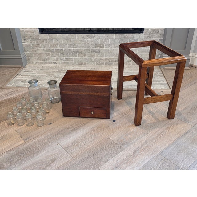 Wood 19th Century English Victorian Era Mahogany Apothecary Travel Chest Box on Stand With Glass Jars For Sale - Image 7 of 18