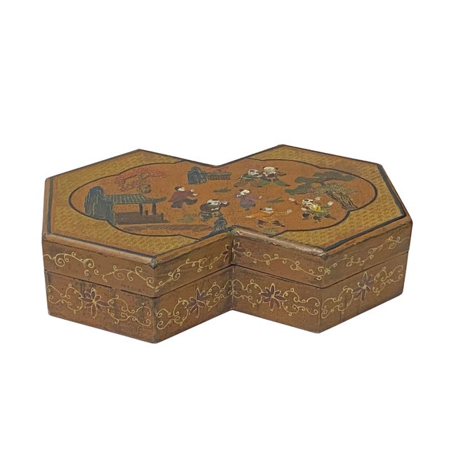 Sienna Chinese Distressed Brown People Graphic Rectangular Decagon Shape Box For Sale - Image 8 of 8