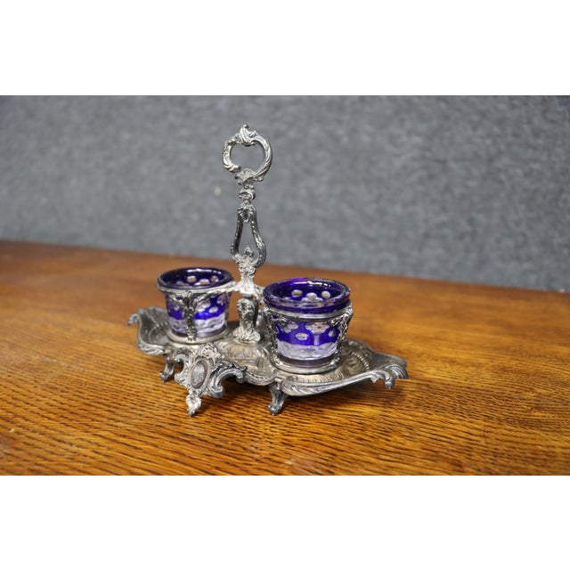 Victorian Late 19th Century Double Salt Cellar With Cobalt Blue Glass Liners, Rococo Revival For Sale - Image 3 of 13