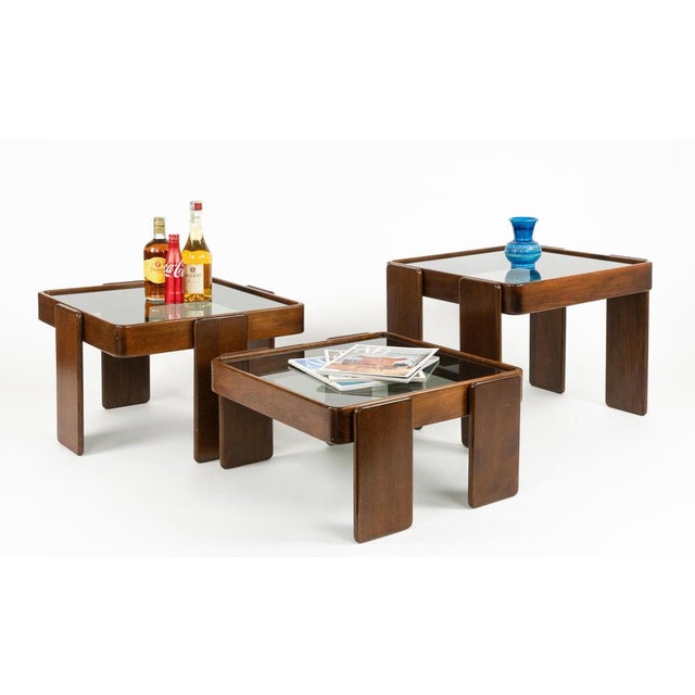 Wood and Glass Nesting Tables by Gianfranco Frattini, Italy, 1970s, Set of 3 For Sale - Image 4 of 18