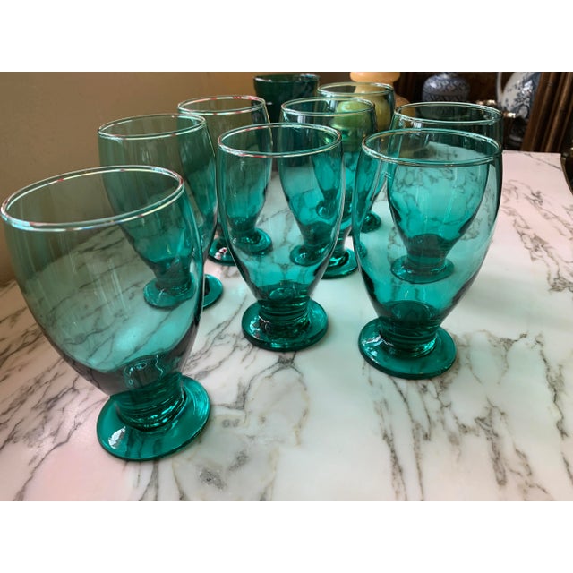 Mid-Century Modern Teal Glass Water Goblets Set of 8 For Sale - Image 3 of 12