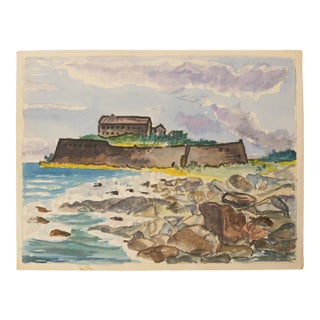 Mid-Century Swedish Outsider Folk Art Original Watercolor Painting, Coastal Landscape With Fortress For Sale