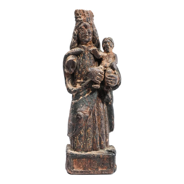 Carved Wood Madonna With Child Painted Polychrome Santos Statue Sculpture For Sale