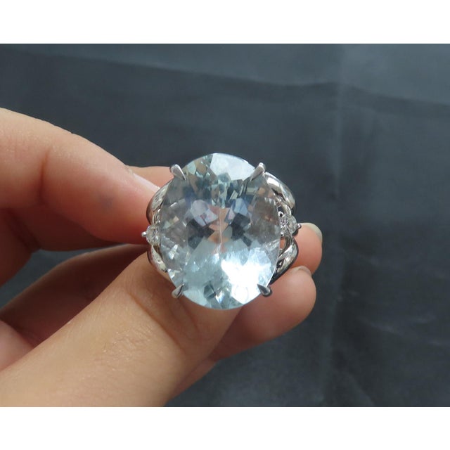 Late 20th Century Late 20th Century Vintage 16.36ct Natural Aquamarine 0.20ct Diamond Platinum Ring, Size 8 For Sale - Image 5 of 18