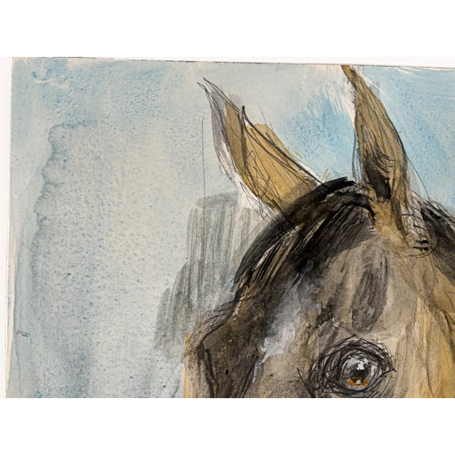 Sculpture Materials 1990s "Horse Portrait Study on Blue" Abstract Horse Art Mixed Original Media Watercolor on Paper For Sale - Image 7 of 7