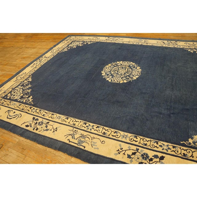 1920s Antique Peking Chinese Floral Navy Open Field Medallion Oriental 1920s Rug For Sale - Image 5 of 11