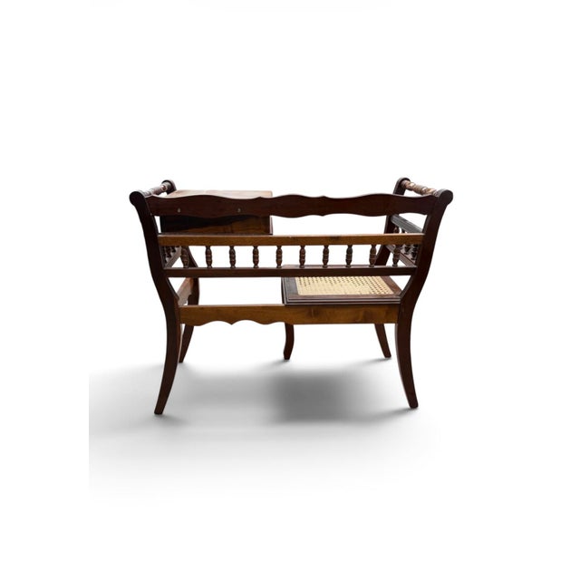 Wood Antique Wooden Telephone Conversation Table / Gossip Bench With Cane Seat For Sale - Image 7 of 7