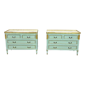 Louis XVI Hollywood Regency Jansen Style Mint Green Commodes / Nightstands