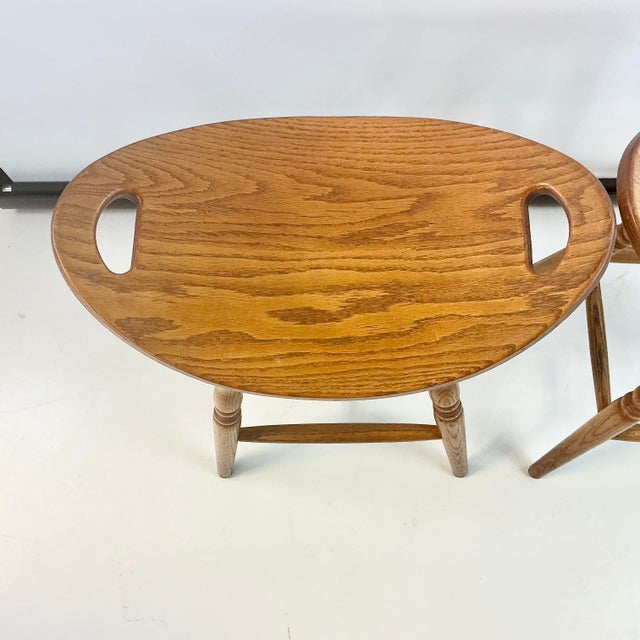 1980s Vintage Americana Rustic Oak Curule Seat Swivel Counter Stools - A Pair. For Sale - Image 11 of 14