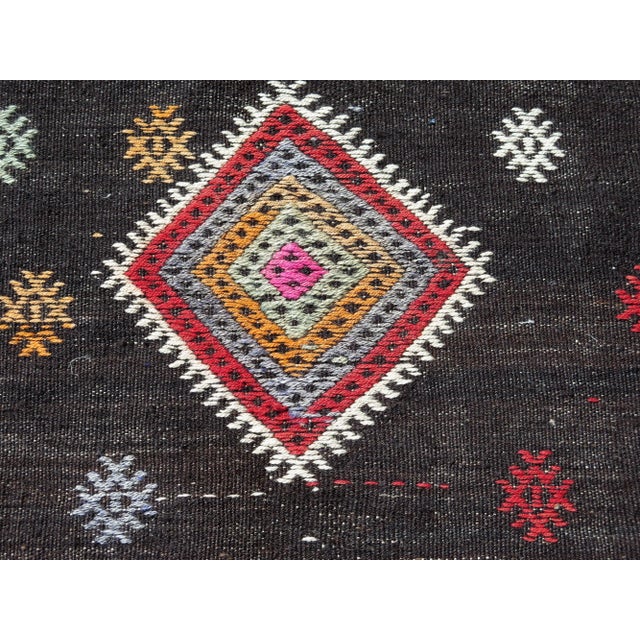 Textile Mid 20th Century 60s Black Handwoven Turkish Tribal Kilim Wool Area Rug For Sale - Image 7 of 11