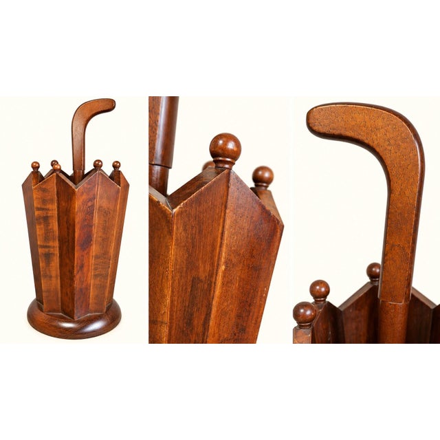 Solid wood umbrella stand in the Art Deco style. Metal drip tray at the bottom. Treated wood. Dimensions: H. 70 cm × W. 28...