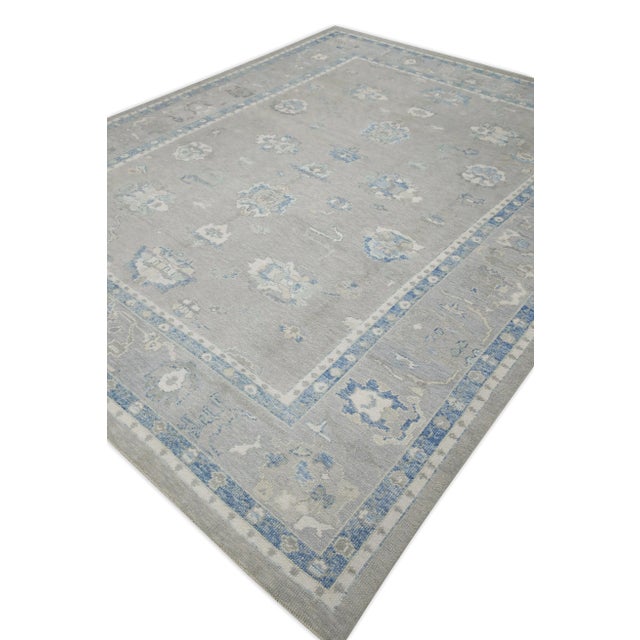 Early 21st Century Early 21st Century Gray & Blue Handwoven Wool Floral Design Turkish Oushak Rug 9'4" X 11'8" For Sale - Image 5 of 8