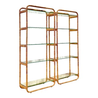 Vintage Boho Curved Cornered Wrapped Rattan Etagere - A Pair For Sale