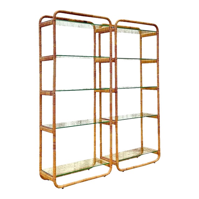 Vintage Boho Curved Cornered Wrapped Rattan Etagere - A Pair For Sale