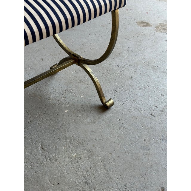 Vintage Inspired Spanish Gilt Iron Bench With Scrolled Base and Striped Ticking Upholstery For Sale - Image 11 of 12