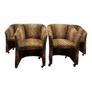 1980s Vintage Leopard Print Accent Dining Chairs on Casters - Set of 4 For Sale