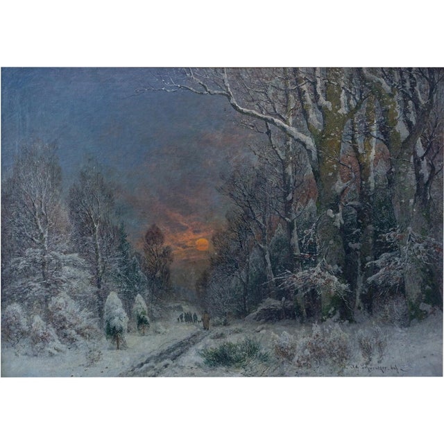 Winter night landscape by a. Gustav schweitzer winter nocturne with snow depicting a wooded winter landscape illuminated...