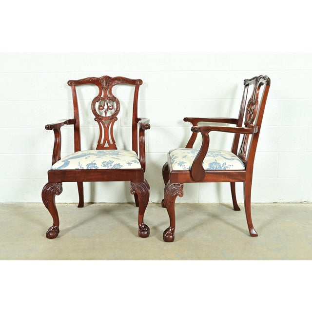 Baker Furniture Chippendale Carved Mahogany Armchairs or Dining Captain Chairs, Pair For Sale - Image 9 of 12