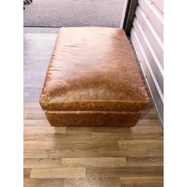 Animal Skin Restoration Hardware English Classic Leather Ottoman For Sale - Image 7 of 8