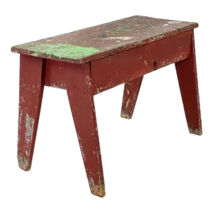 Vintage 1940s Long Distressed Painted Dark Red & Green Primitive Wood Bench Stool