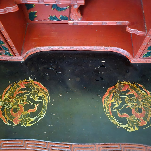 Early 20th Century Japanese Red Lacquer Kamakura-Bori Writing Desk and Chair Set Beautiful Floral Motif For Sale - Image 9 of 18