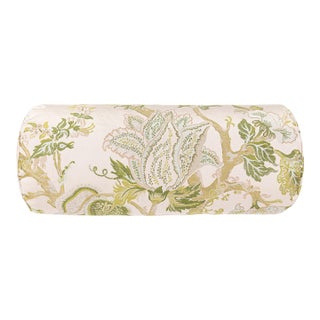 Scalamandre 21" x 7" Indienne Lampas Bolster Pillow in Avocado For Sale