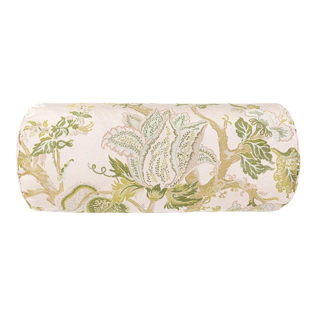 Scalamandre 21" x 7" Indienne Lampas Bolster Pillow in Avocado For Sale
