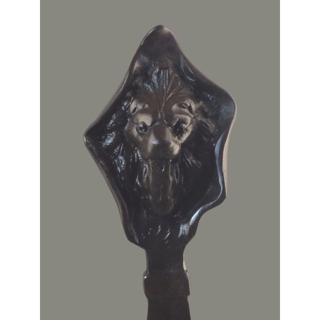 Arts & Crafts Antique Arts & Crafts Hand Forged Iron Figural Lions Head Fireplace Andirons Marked- a Pair For Sale - Image 3 of 11