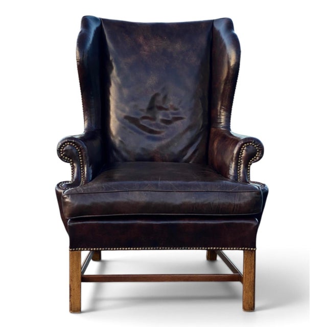 Late 20th Century Vintage Baker Furniture Georgian Style Brown Leather Wingback Armchair For Sale - Image 5 of 13