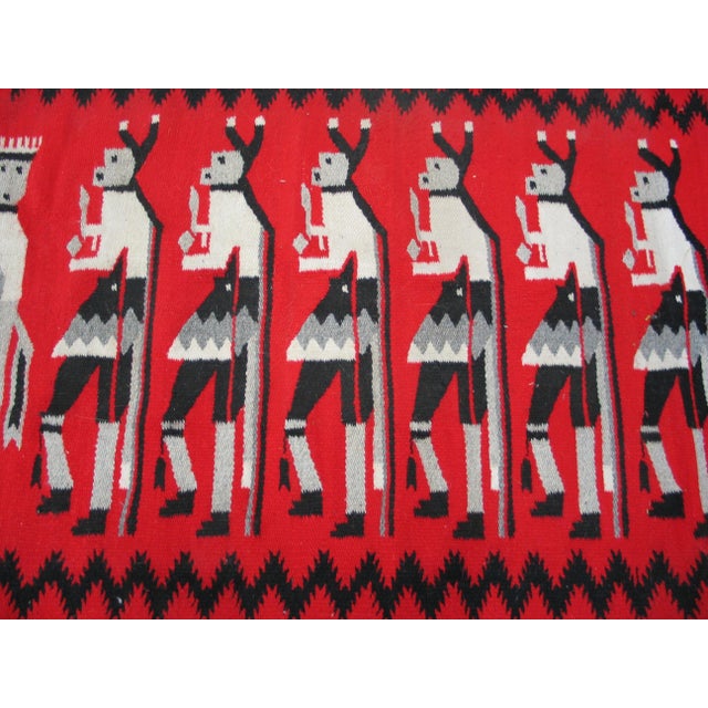 1940s Red Gray Figural Vintage Zapotec Mexico Yei Rug 4' 7" X 7' 7" Handmade Wool Carpet For Sale - Image 4 of 4