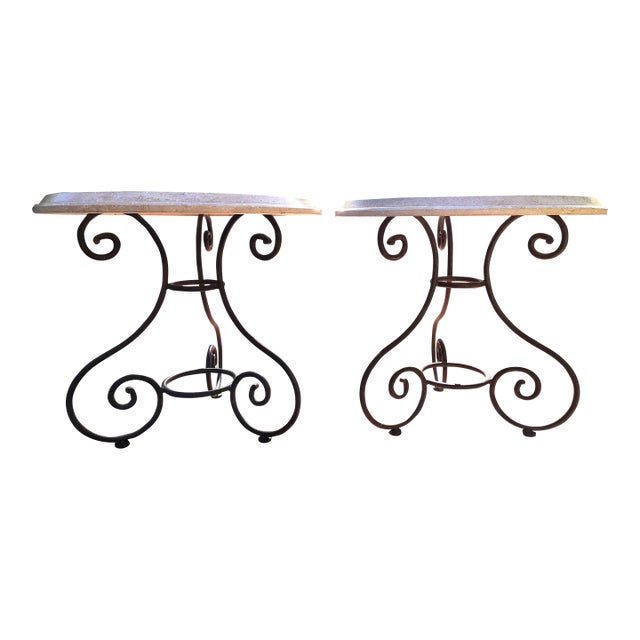A Pair of Travertine Stone Top Iron Side Tables For Sale