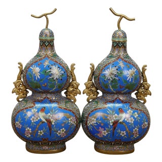 Antique Chinese Champleve Cloisonne Double Gourd Turquoise Mantel Vases Urns 12" For Sale