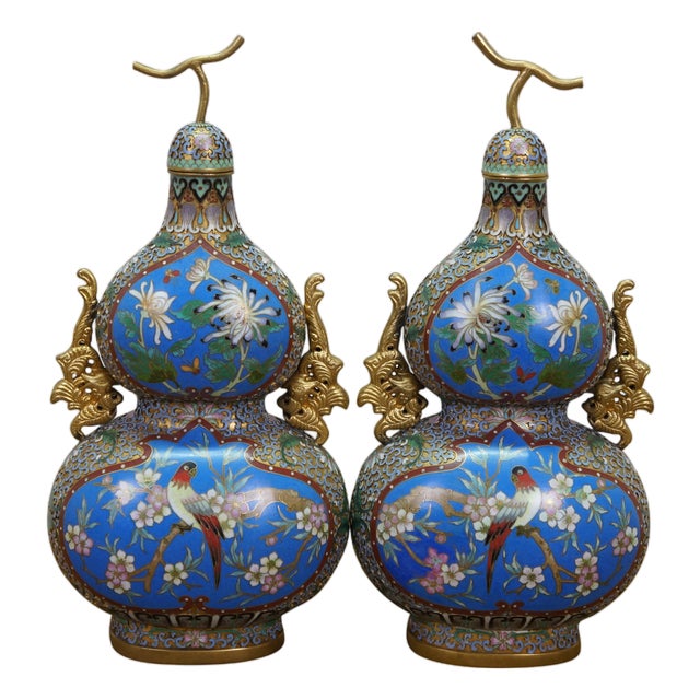 Antique Chinese Champleve Cloisonne Double Gourd Turquoise Mantel Vases Urns 12" For Sale